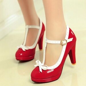Zapaka ATOMIC RED MARY JANE BOW HEELS Size 11 (43) pin up